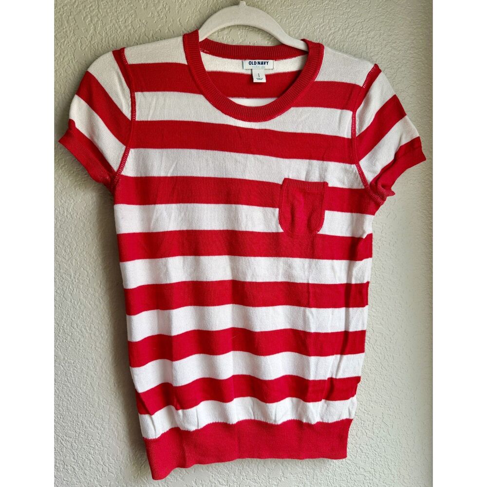Old Navy Red White Striped Knit Top Small Petite Short Sleeve Pocket Preppy